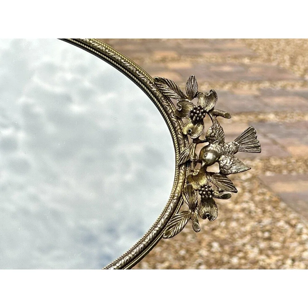 Vintage Matson Vanity Mirror Tray Birds Dogwood Gold Plated Hollywood Regency
